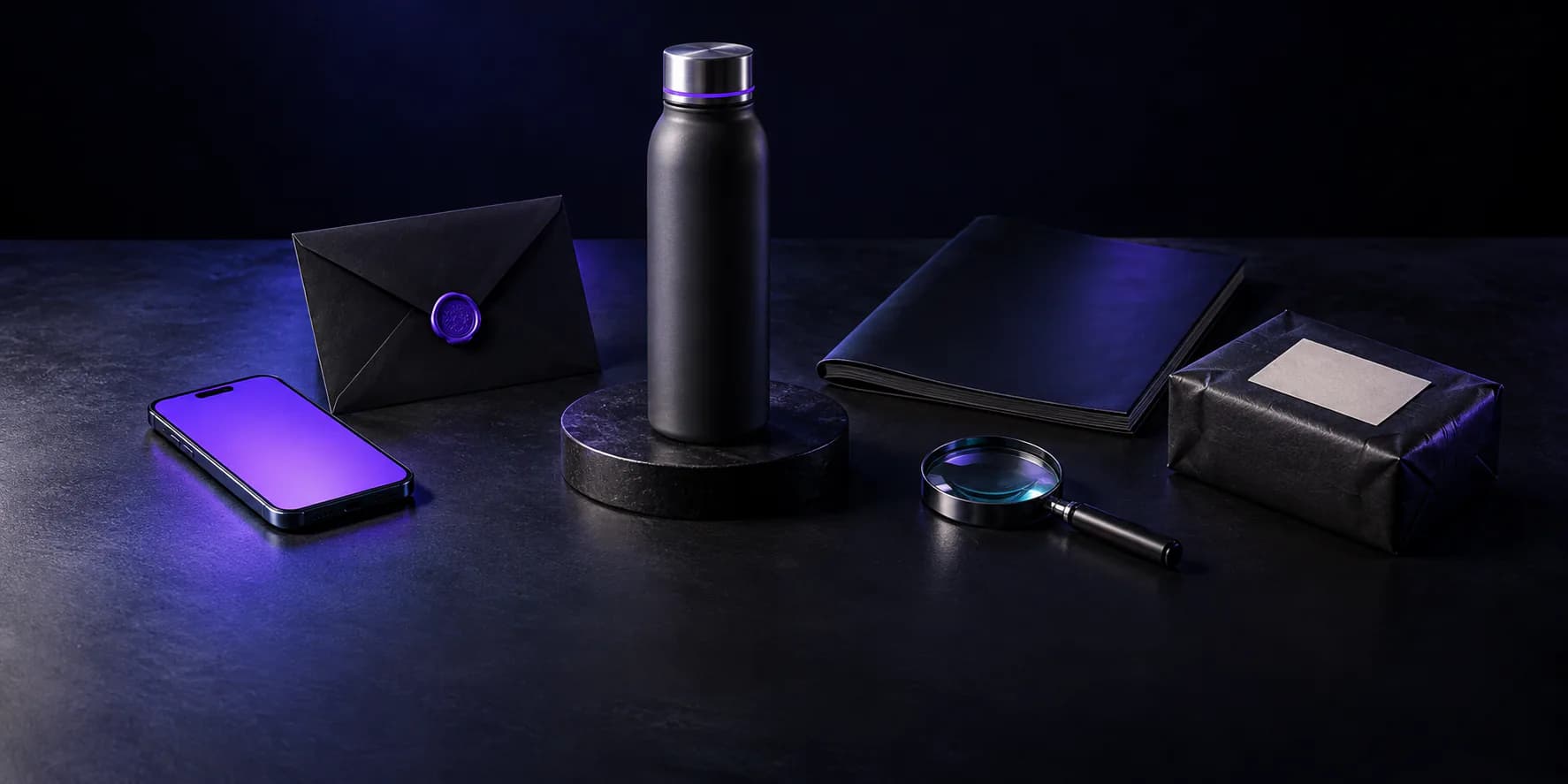 Charcoal water bottle on a low plinth, surrounded by a phone with a glowing screen, a wax-sealed envelope, a closed magazine, a magnifying glass, and a wrapped parcel on a dark table