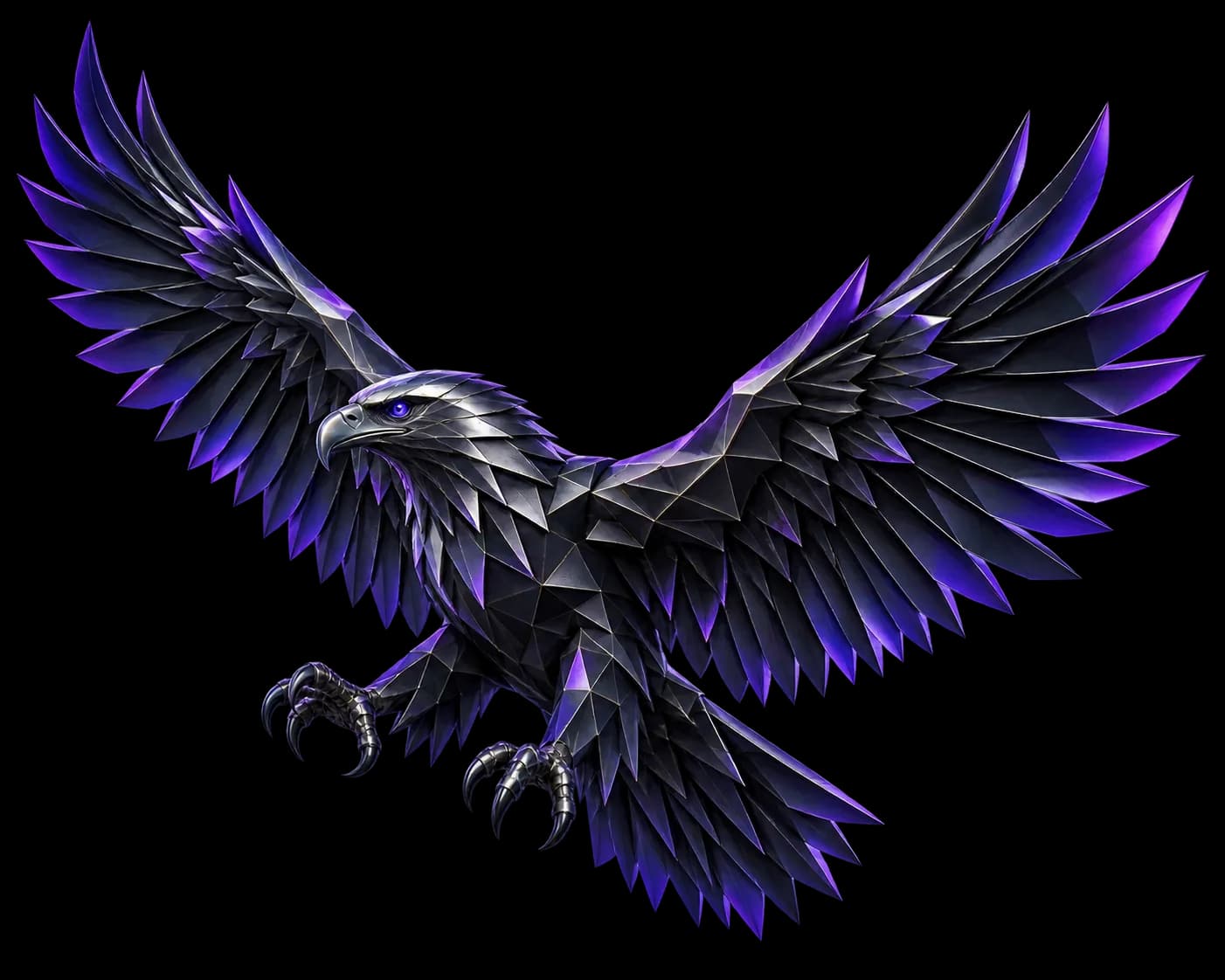 Low-poly black and graphite eagle in flight, wings spread wide with violet light along the feathers