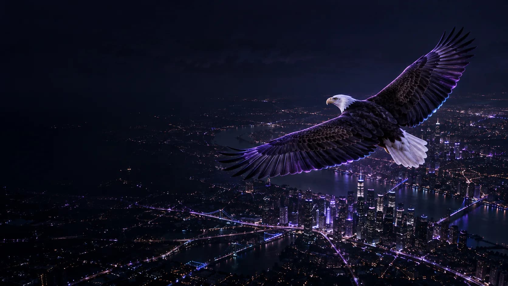 Bald eagle soaring high above a city at night, wings spread wide over glowing streets and a river