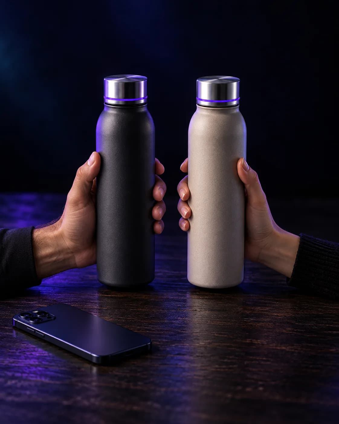 Two hands holding a charcoal and a sand-coloured water bottle side by side above a dark wooden table, with a phone lying face down