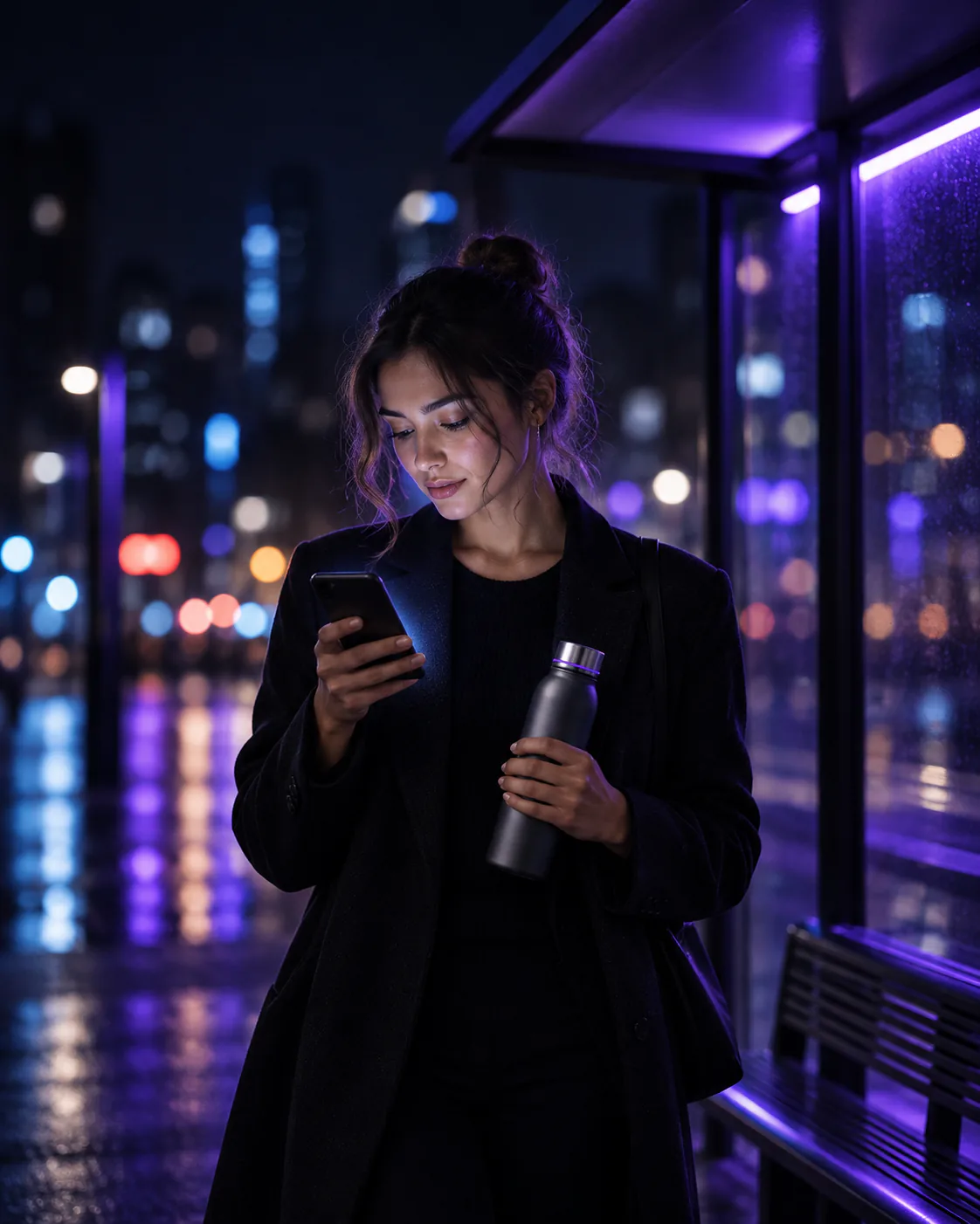 Woman at a city bus stop at night looking at her phone, holding a charcoal water bottle in her other hand