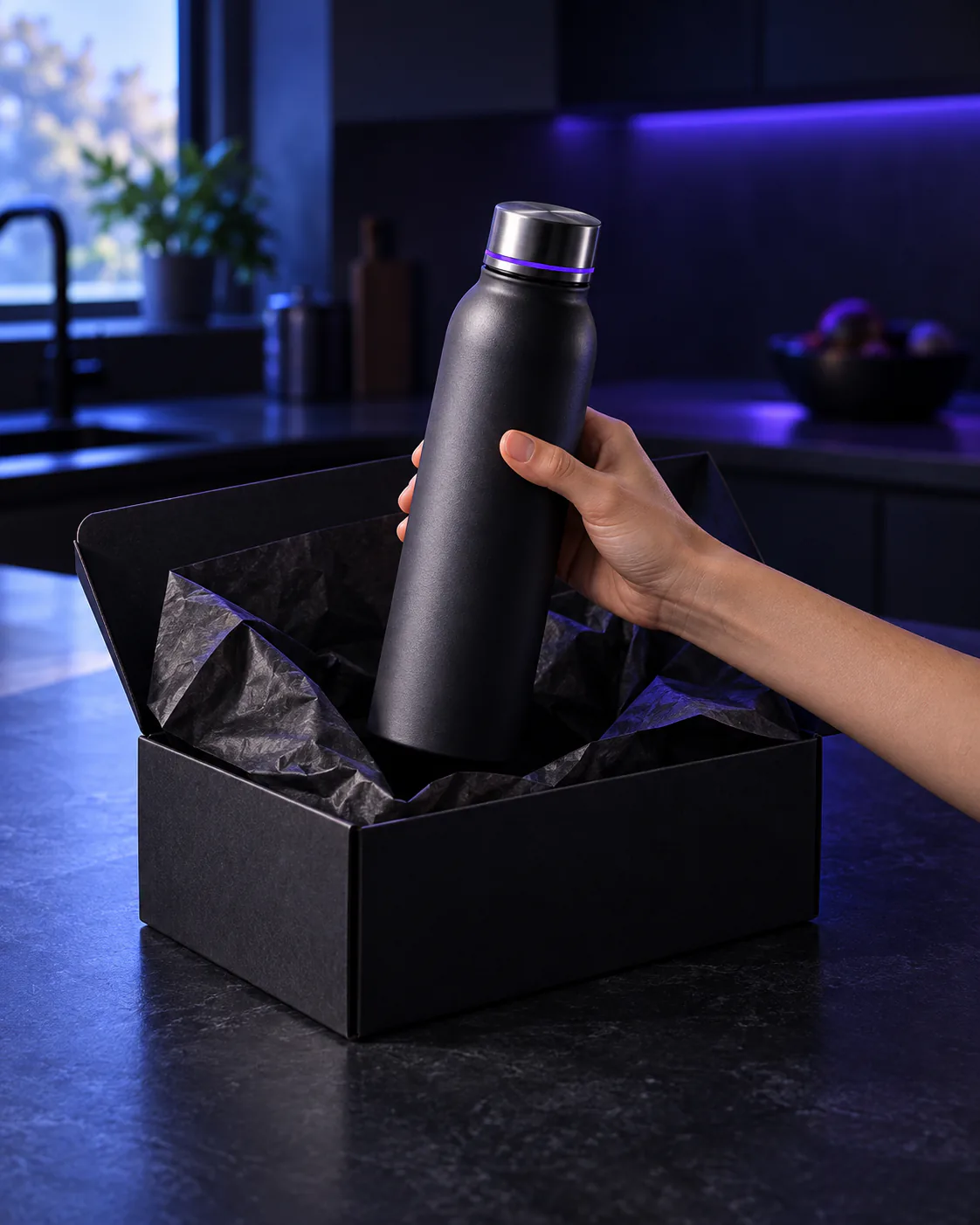 Hand lifting a charcoal water bottle out of an open black shipping box on a kitchen counter in early-morning light