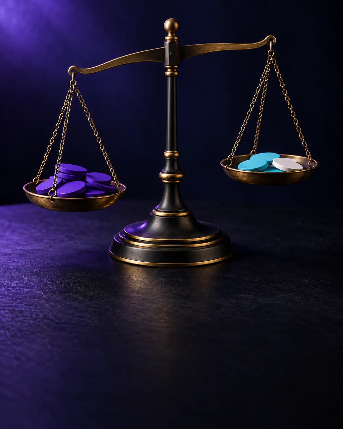 Black and brass balance scale on a dark desk, tipped by violet tokens on one pan against cyan and white tokens on the other