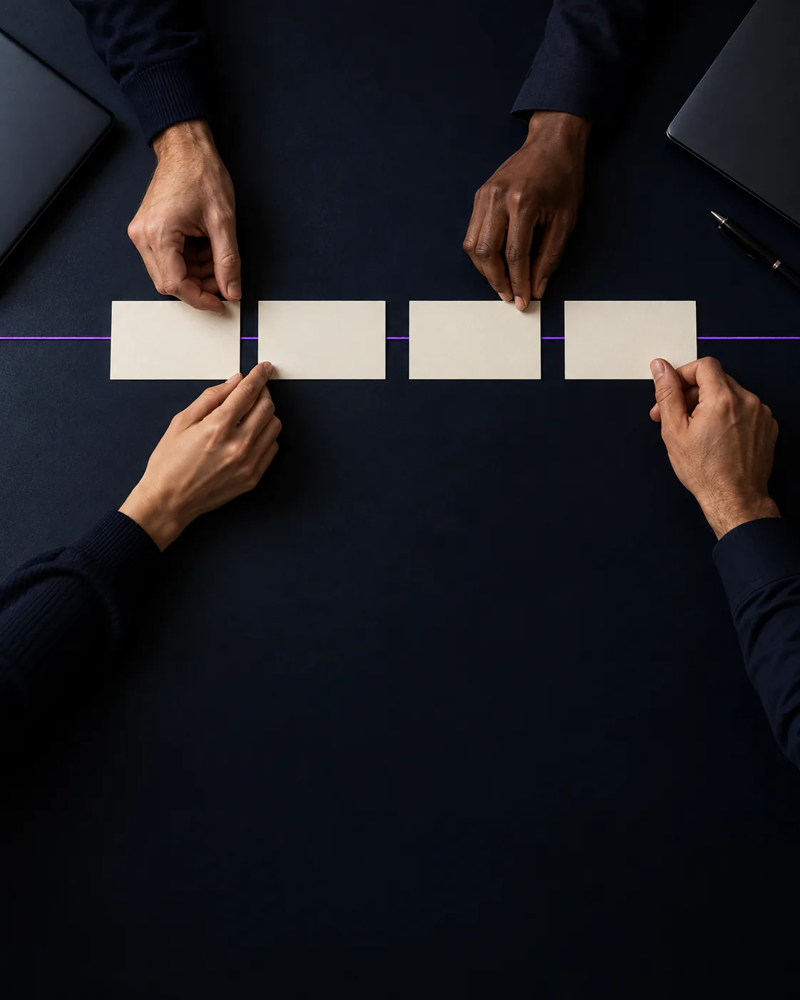 Top-down view of four people's hands lining up blank cards along a violet line on a dark meeting table