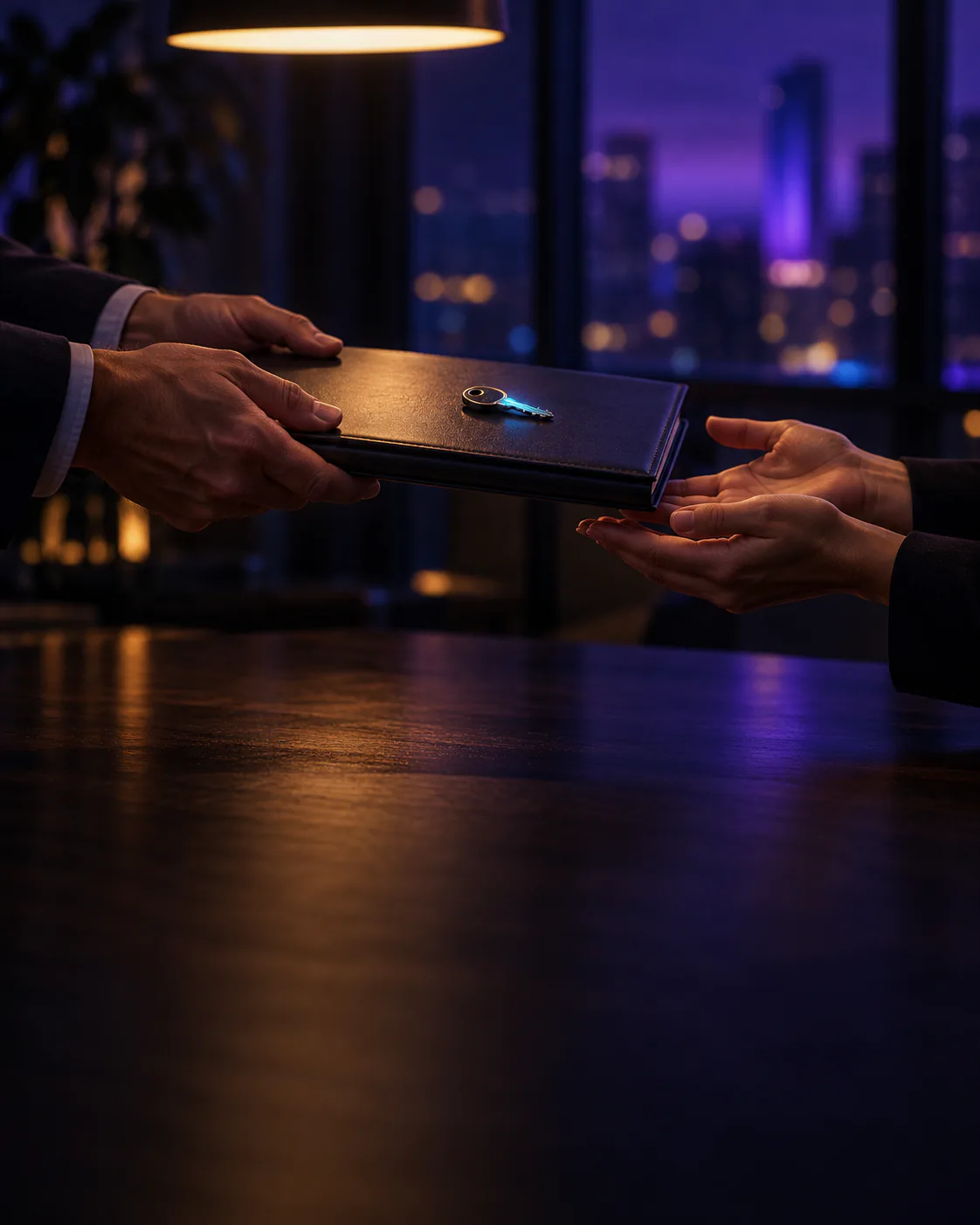 A slim binder with a key on top is handed across a table into another person's open hands