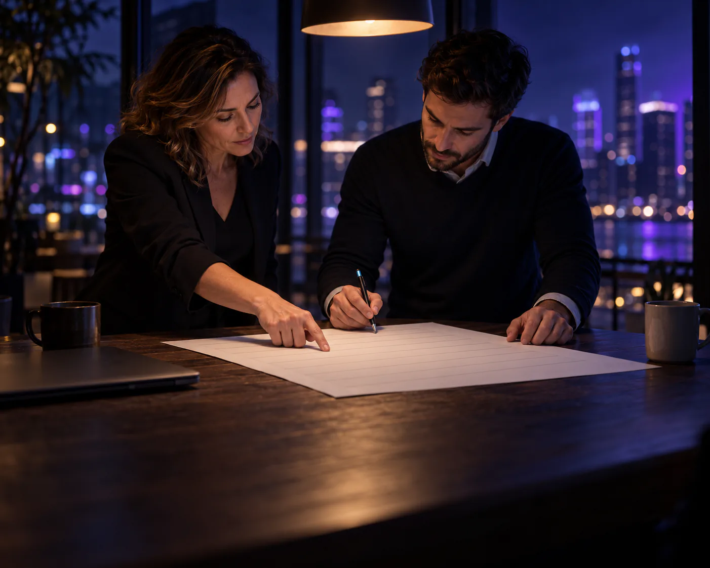 Two colleagues at a table at night agree on a row of a blank sheet, one pointing while the other holds a pen