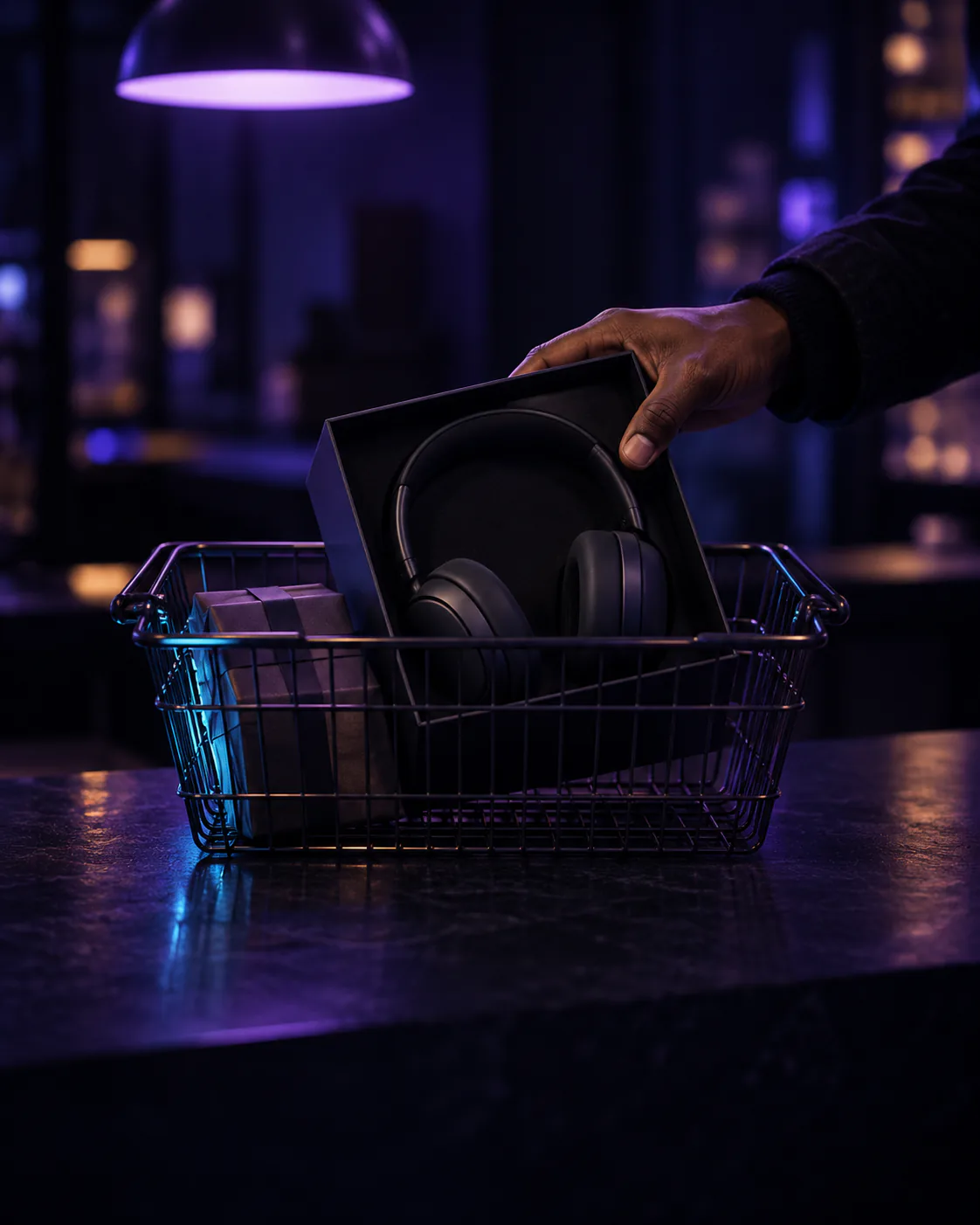 A hand places a boxed pair of headphones into a wire shopping basket