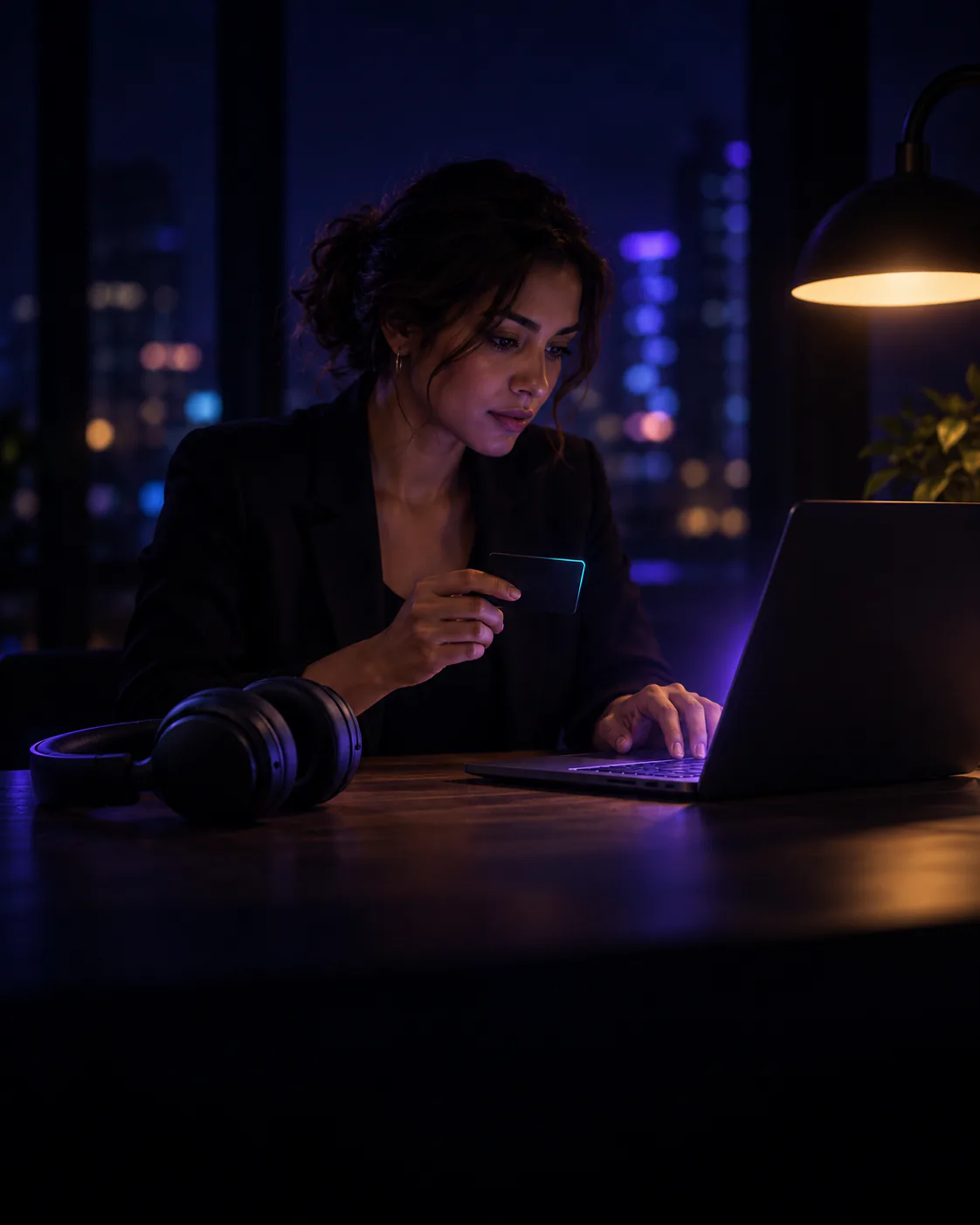 A woman holds a payment card while typing on a laptop, headphones resting beside it
