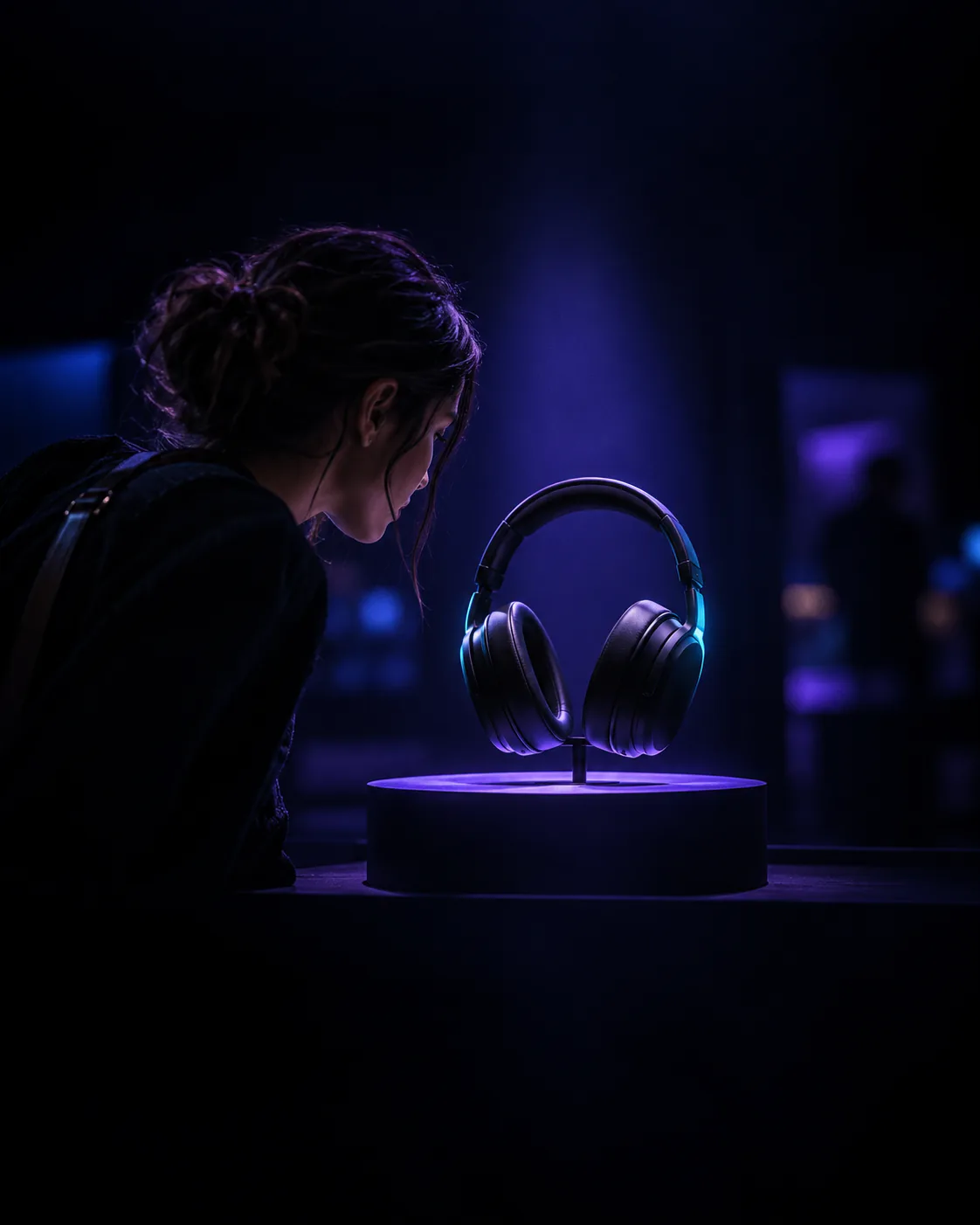 A shopper leans in to look at a pair of black headphones on a lit display stand