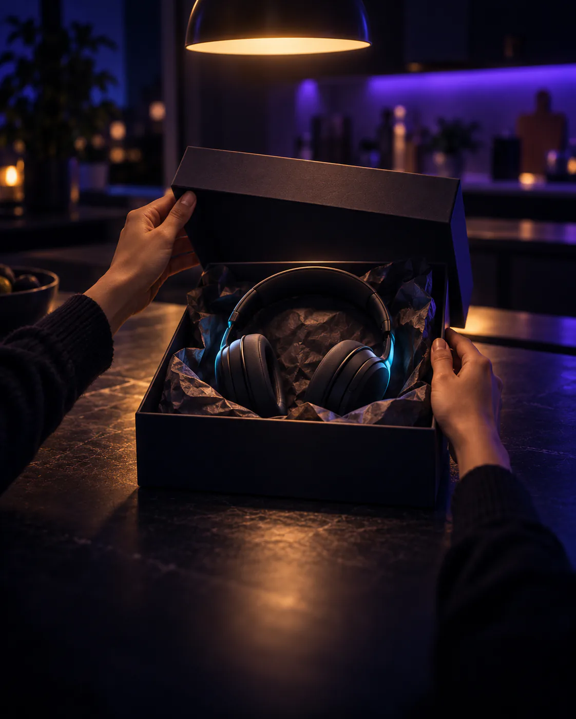 Hands lift the lid of a delivery box to reveal a pair of headphones in tissue paper