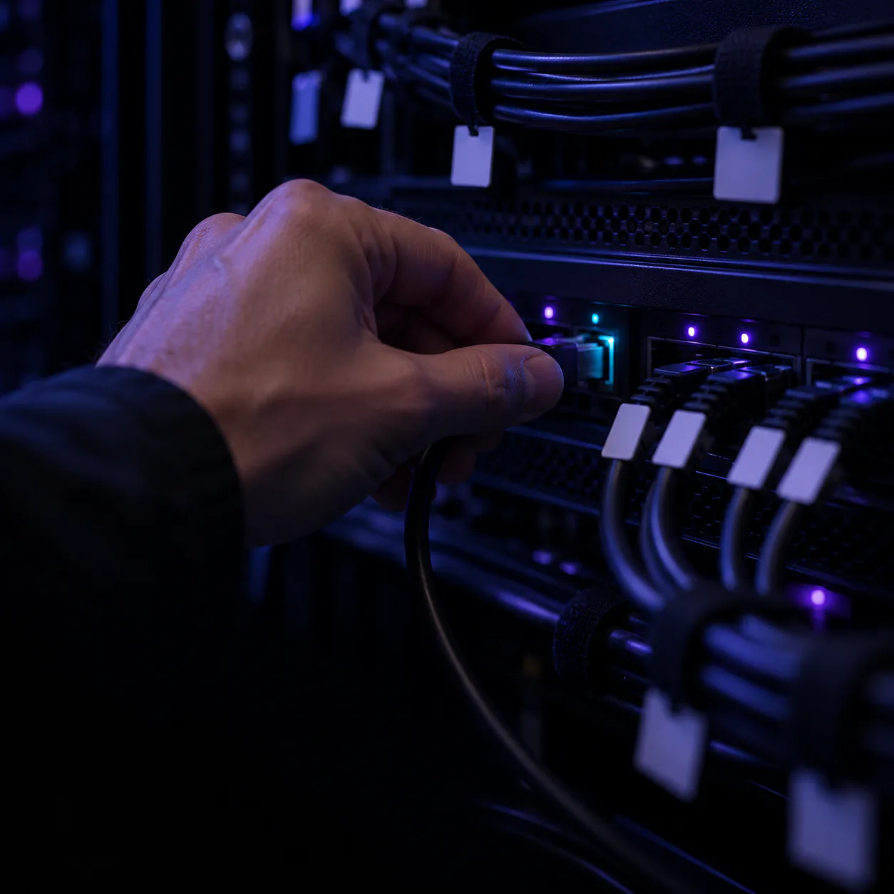 A hand plugs a cable into a patch panel where every neighbouring cable carries a blank tag