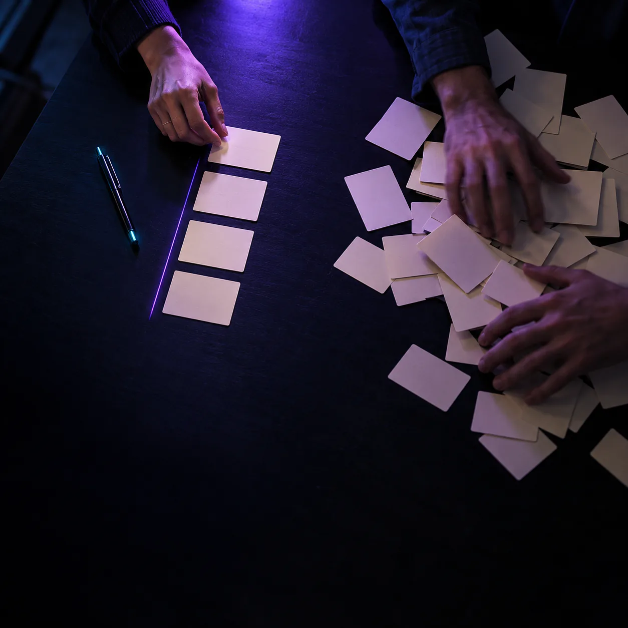 Hands line up a short column of blank cards along a violet line and push a loose pile aside