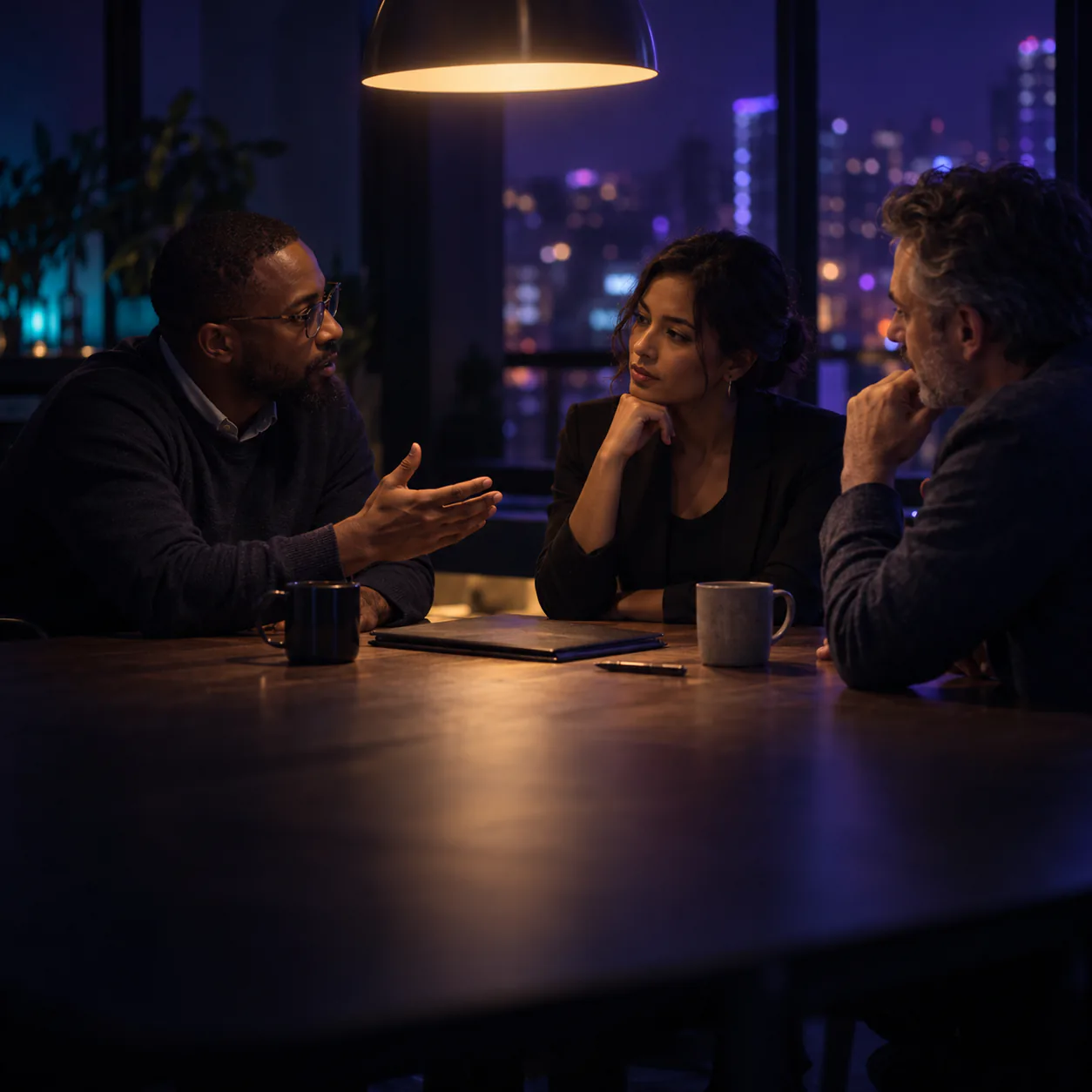 Three colleagues around a meeting table at night, one making a point while the others listen