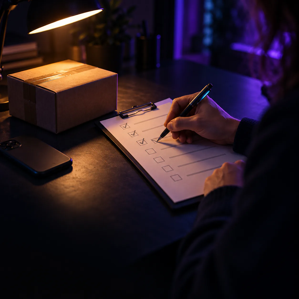 A hand ticks rows on a checklist beside a small parcel and a phone lying face down
