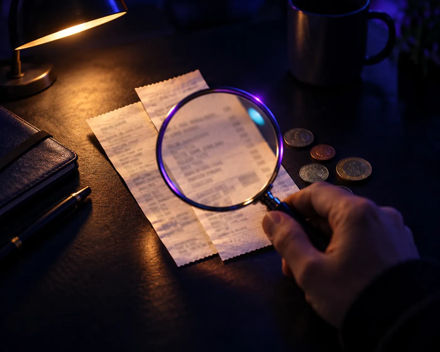 A magnifying glass held over two overlapping copies of the same receipt beside coins in different currencies