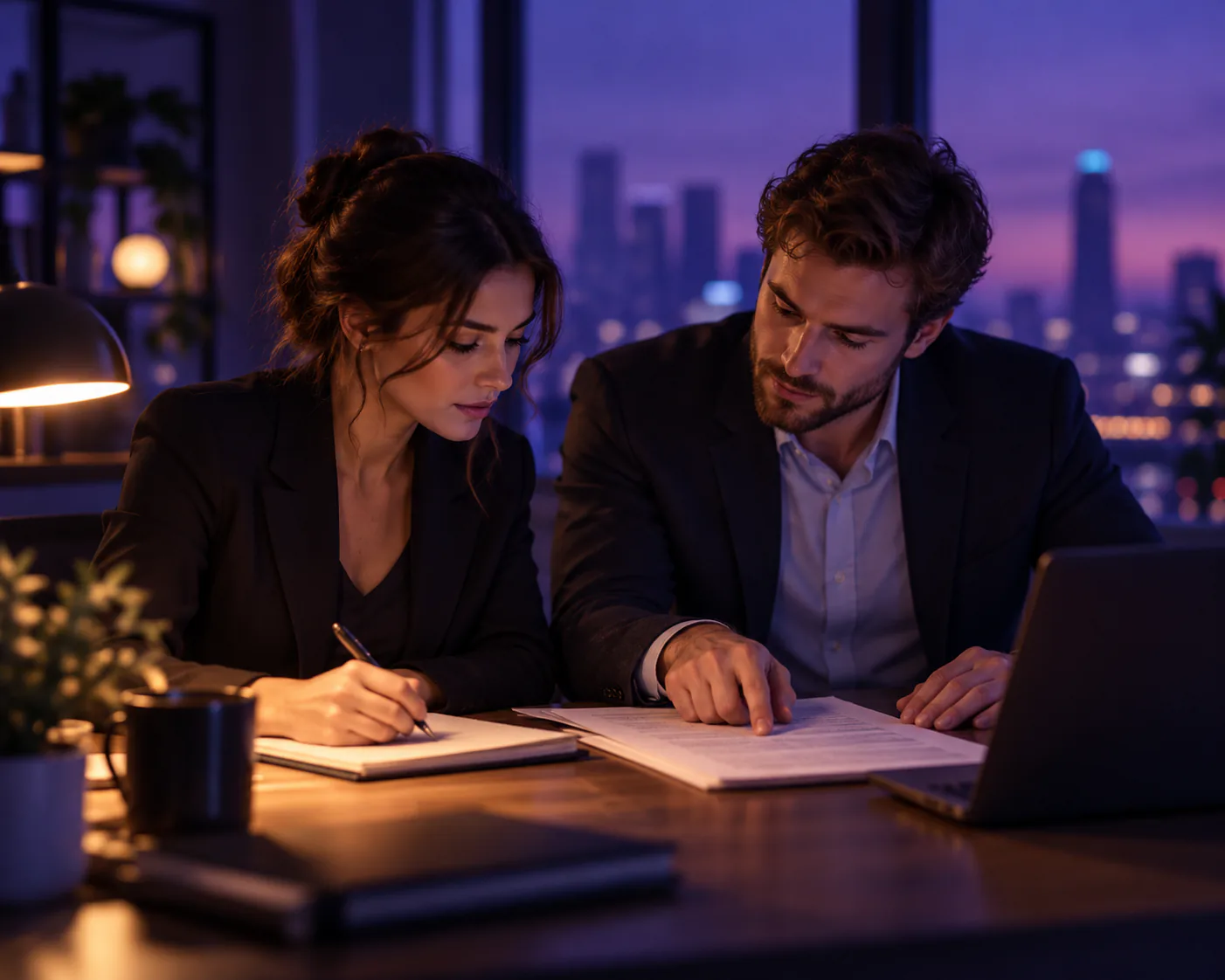 Two colleagues review a printed account list, one pointing while the other takes notes