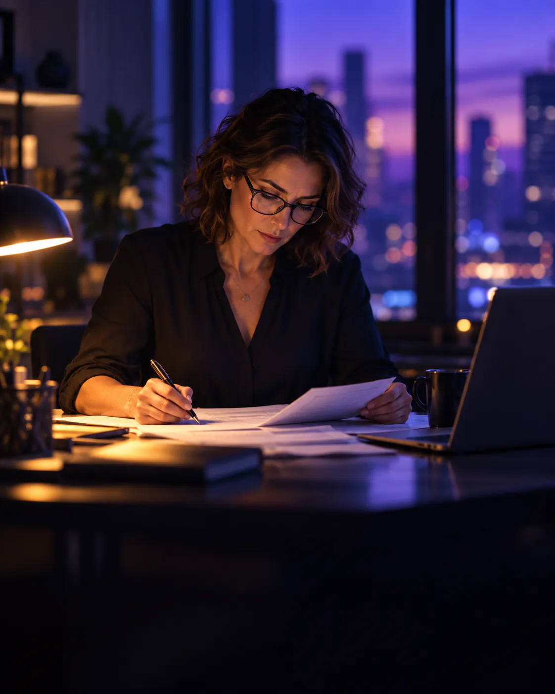 A researcher in glasses annotates printed company reports at a desk