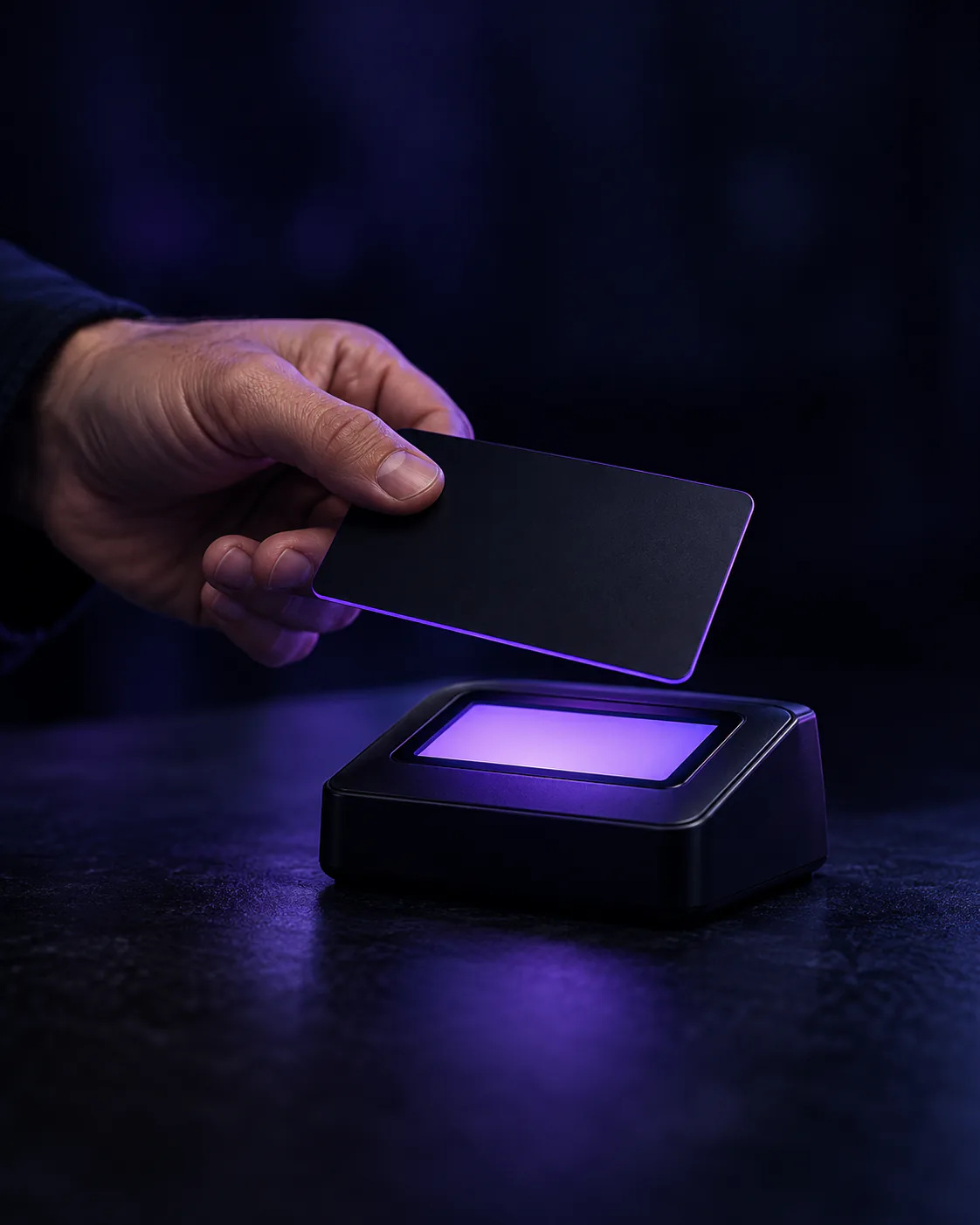 Hand holding a blank black payment card above a small card reader glowing violet