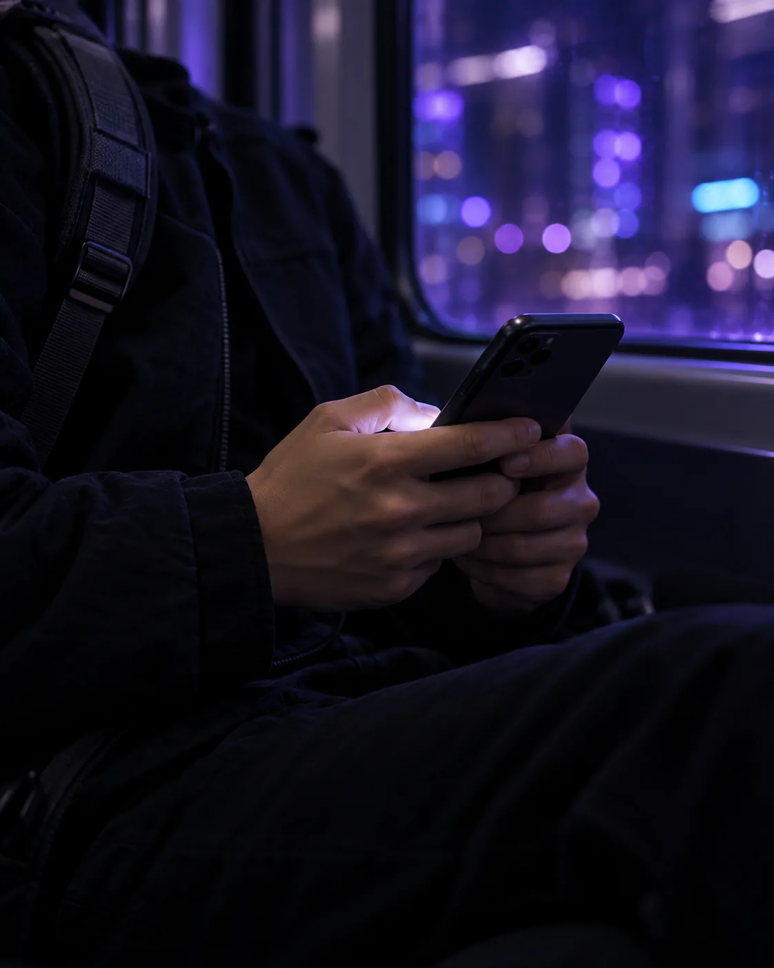 Commuter on a night train scrolling on a phone, with a backpack strap over one shoulder