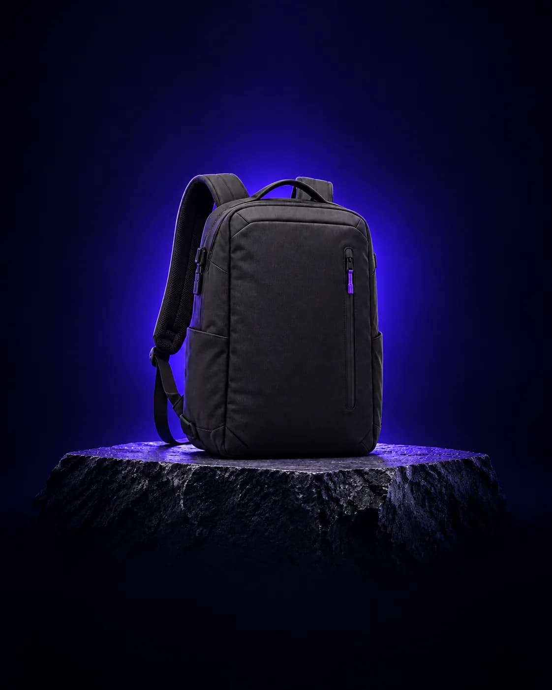 Charcoal travel backpack standing on a rough stone plinth against a violet glow