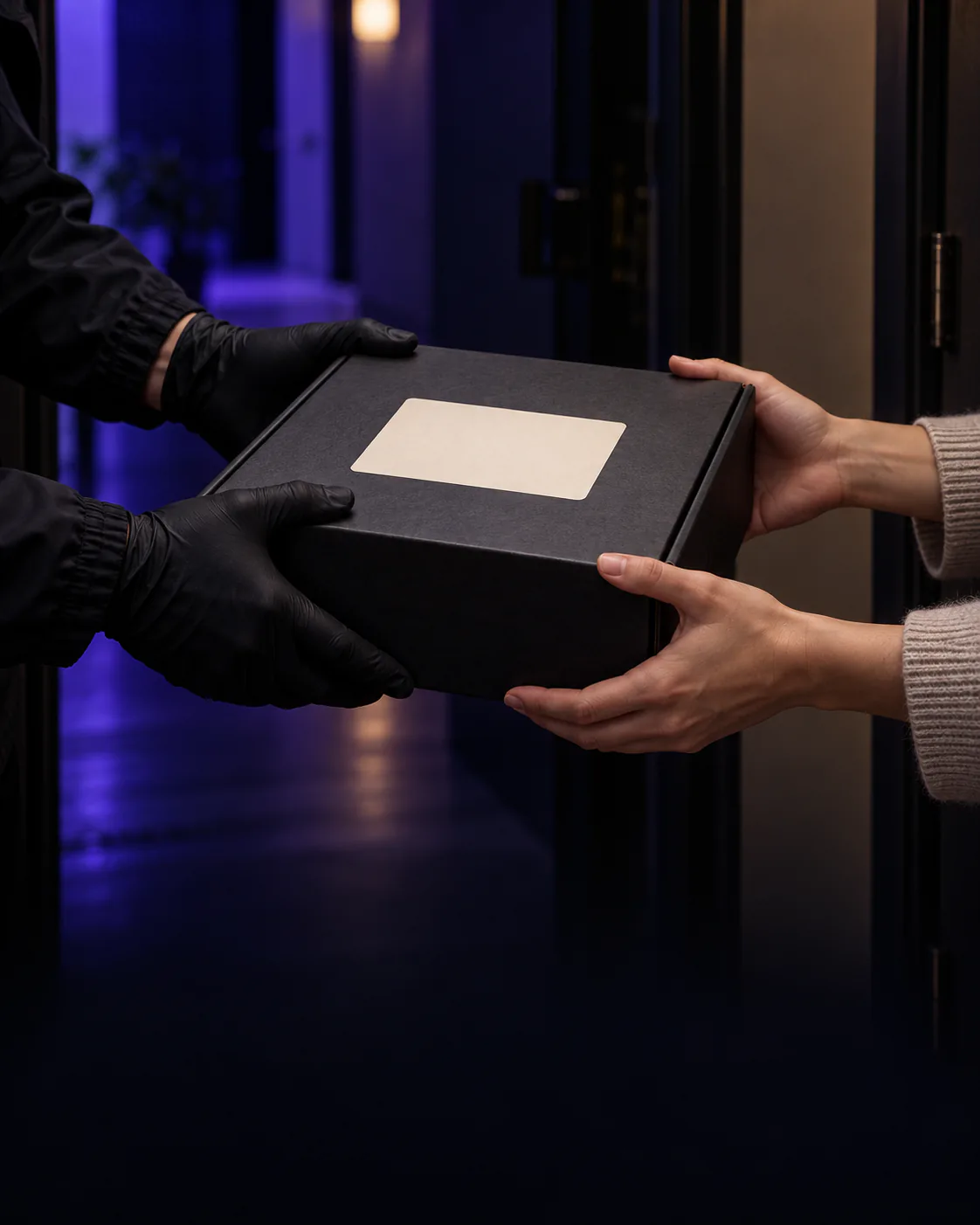 Courier's gloved hands passing a black parcel with a blank label to a customer at an apartment door