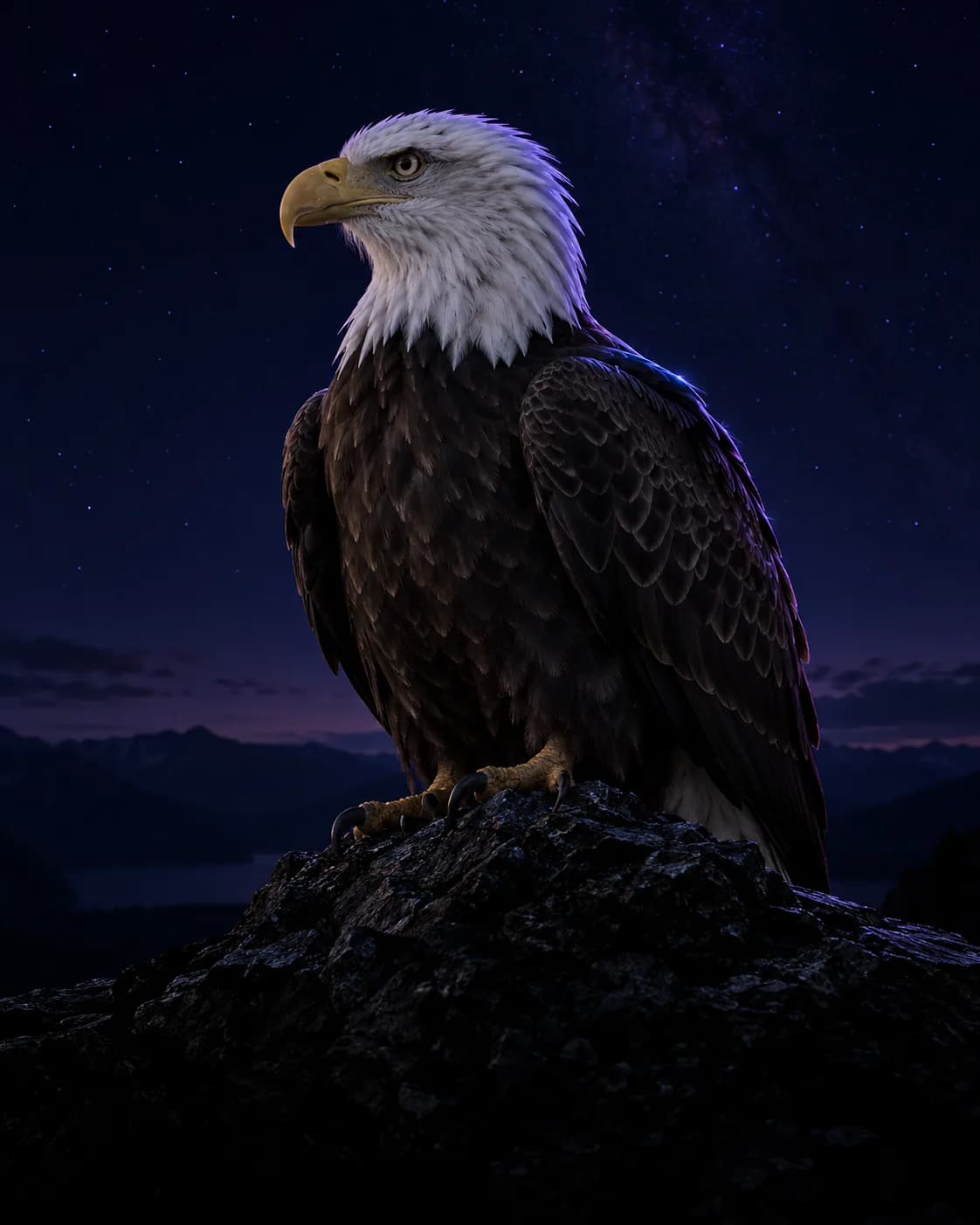 Bald eagle perched on a dark rocky ledge at night, its head turned to the left