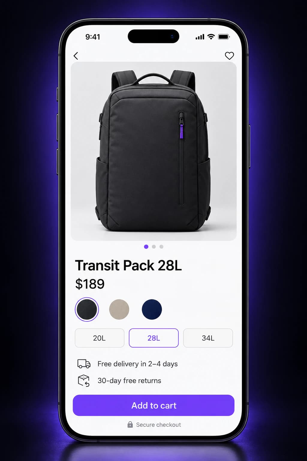 Illustrative mobile product page for the Transit Pack 28L backpack, showing the product photo, a $189 price, colour and size options, free delivery and 30-day returns notes, and an Add to cart button