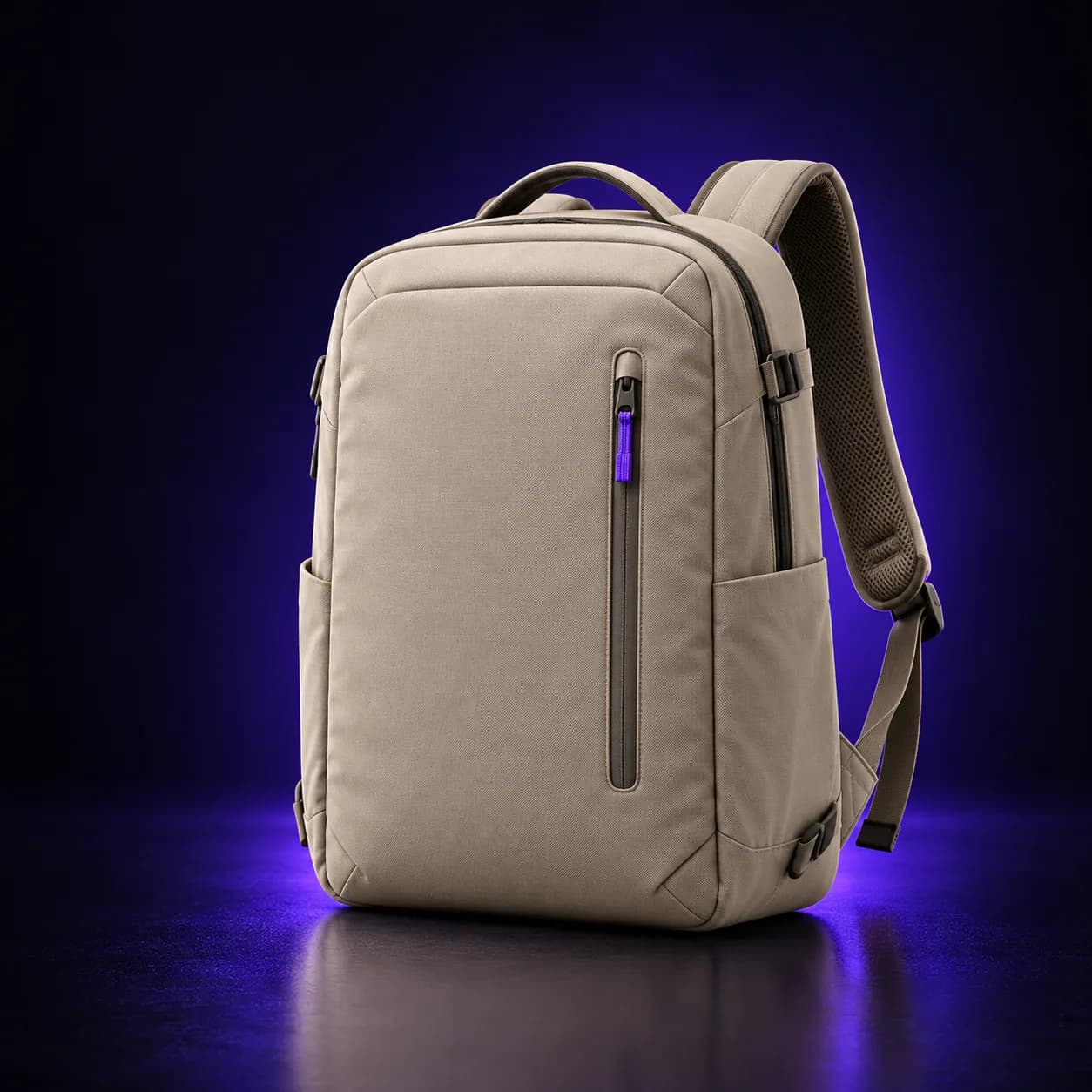 Sand-coloured travel backpack with a violet zipper pull, photographed on a dark studio floor with a violet rim light