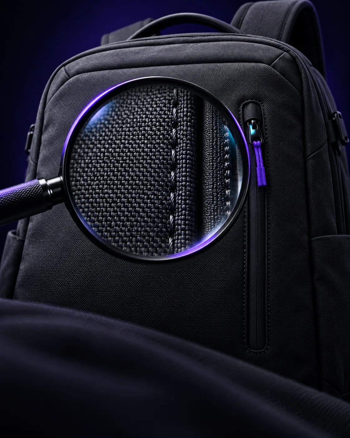 Magnifying glass held over a charcoal backpack, enlarging the woven fabric and stitching beside a violet zipper pull