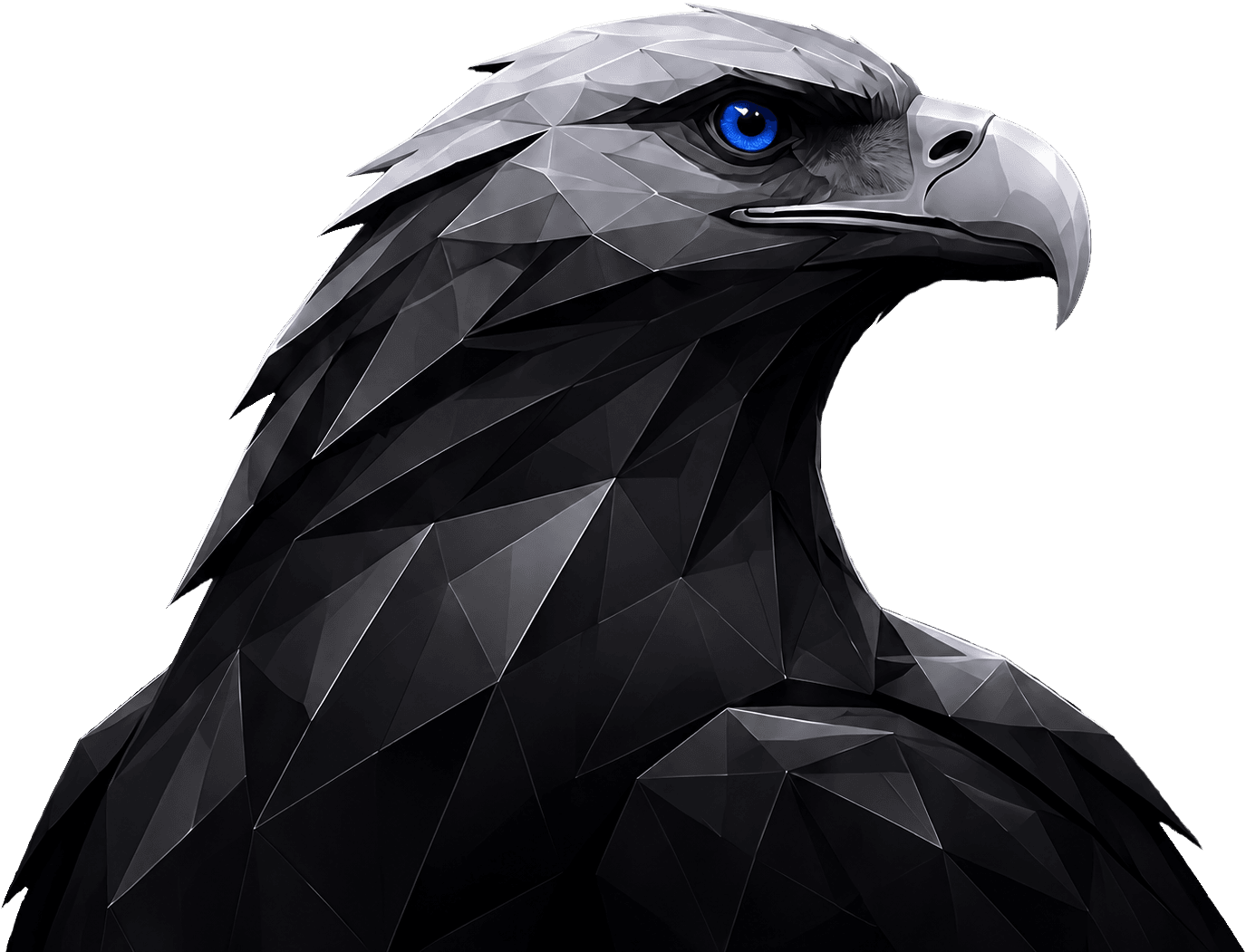 Geometric black and silver eagle head with a sharp blue eye