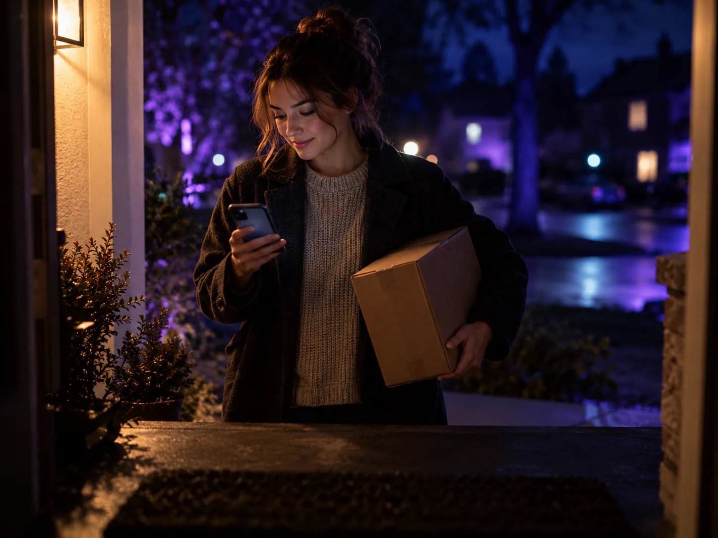 A customer at the front door at night holds a delivered parcel and checks a phone