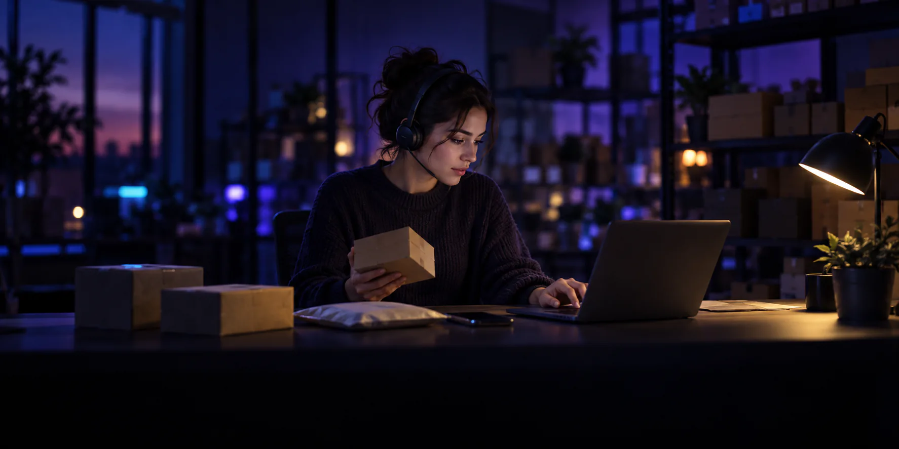 A support agent wearing a headset holds a small parcel while replying at a laptop, with parcels on the desk and shelves