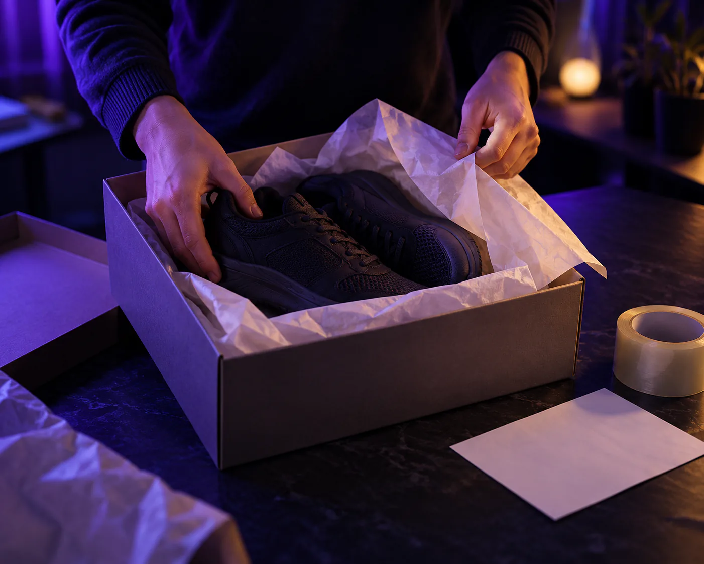 Hands repack a pair of sneakers in tissue paper inside their box, beside tape and a blank label