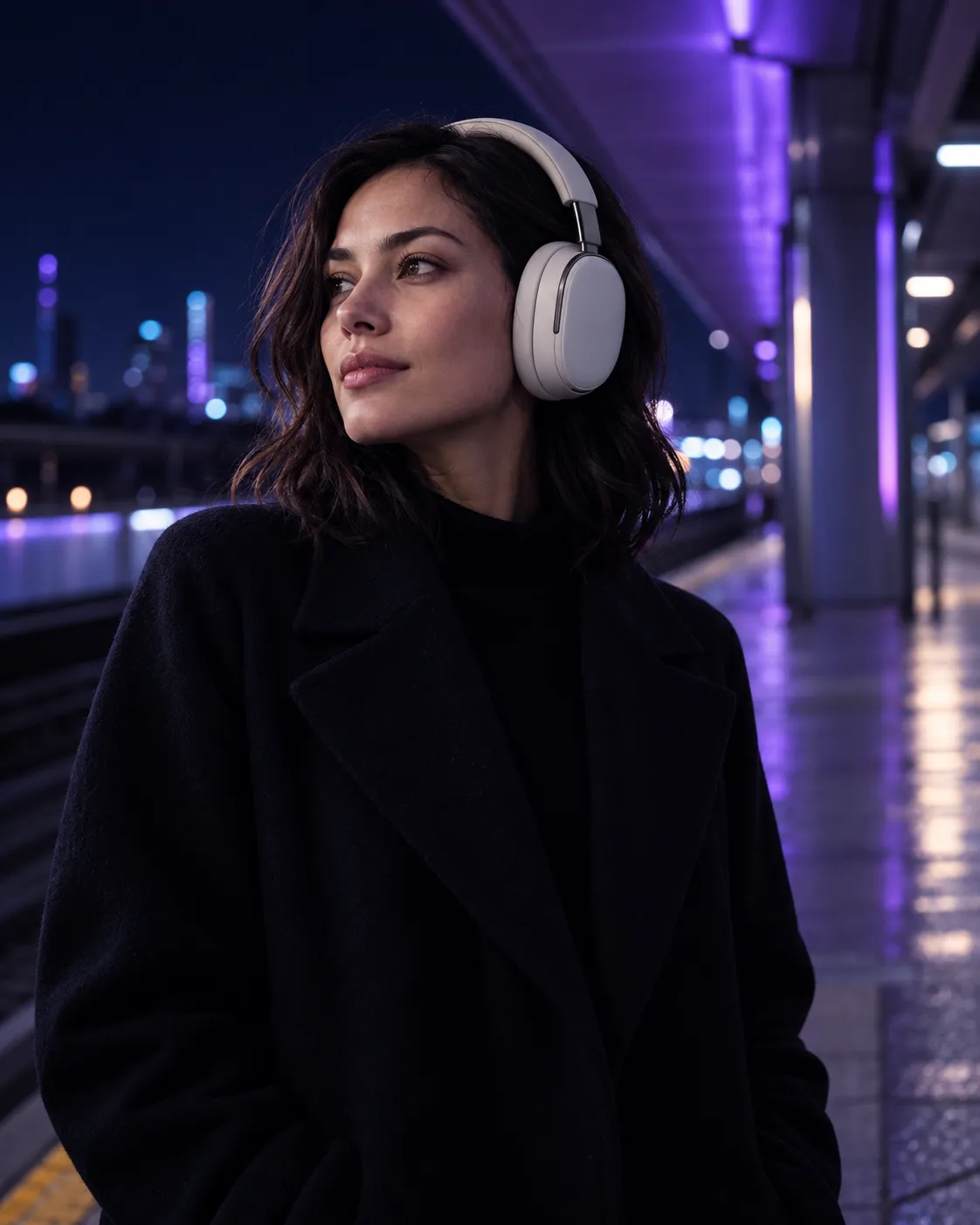 Woman wearing stone-white over-ear headphones on a train platform at night