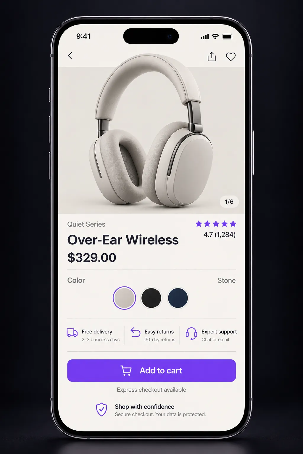 Illustrative mobile product page for stone-white over-ear headphones showing the gallery, rating, color options, delivery and returns, and an add to cart button