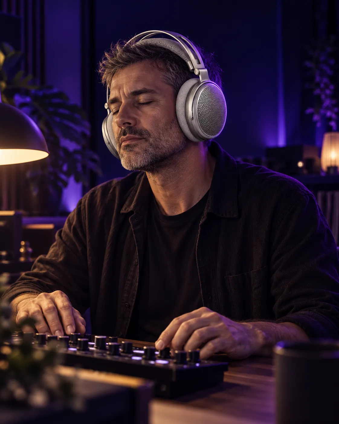 Music producer listening with eyes closed at a home studio desk, wearing open-back headphones