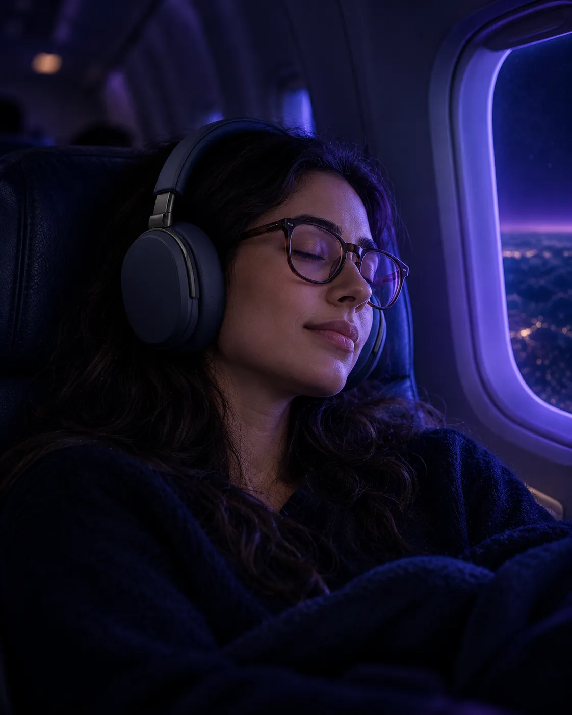 Traveller asleep in a plane window seat, wearing ink headphones over her glasses