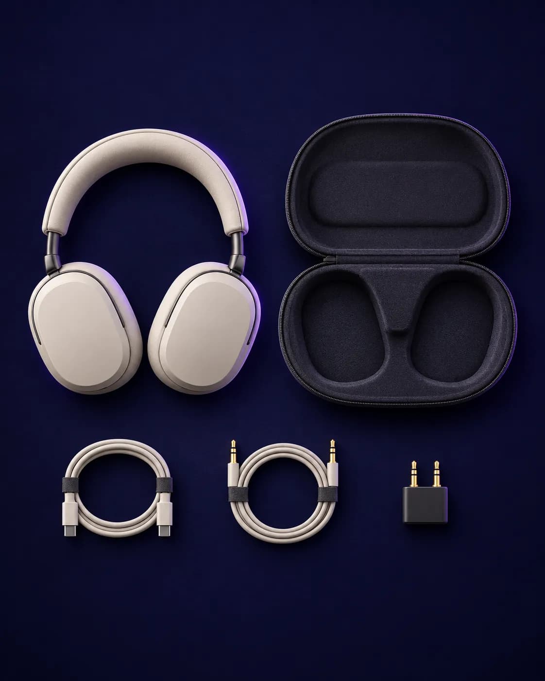 Stone-white headphones laid out with a carry case, charging cable, audio cable, and flight adapter