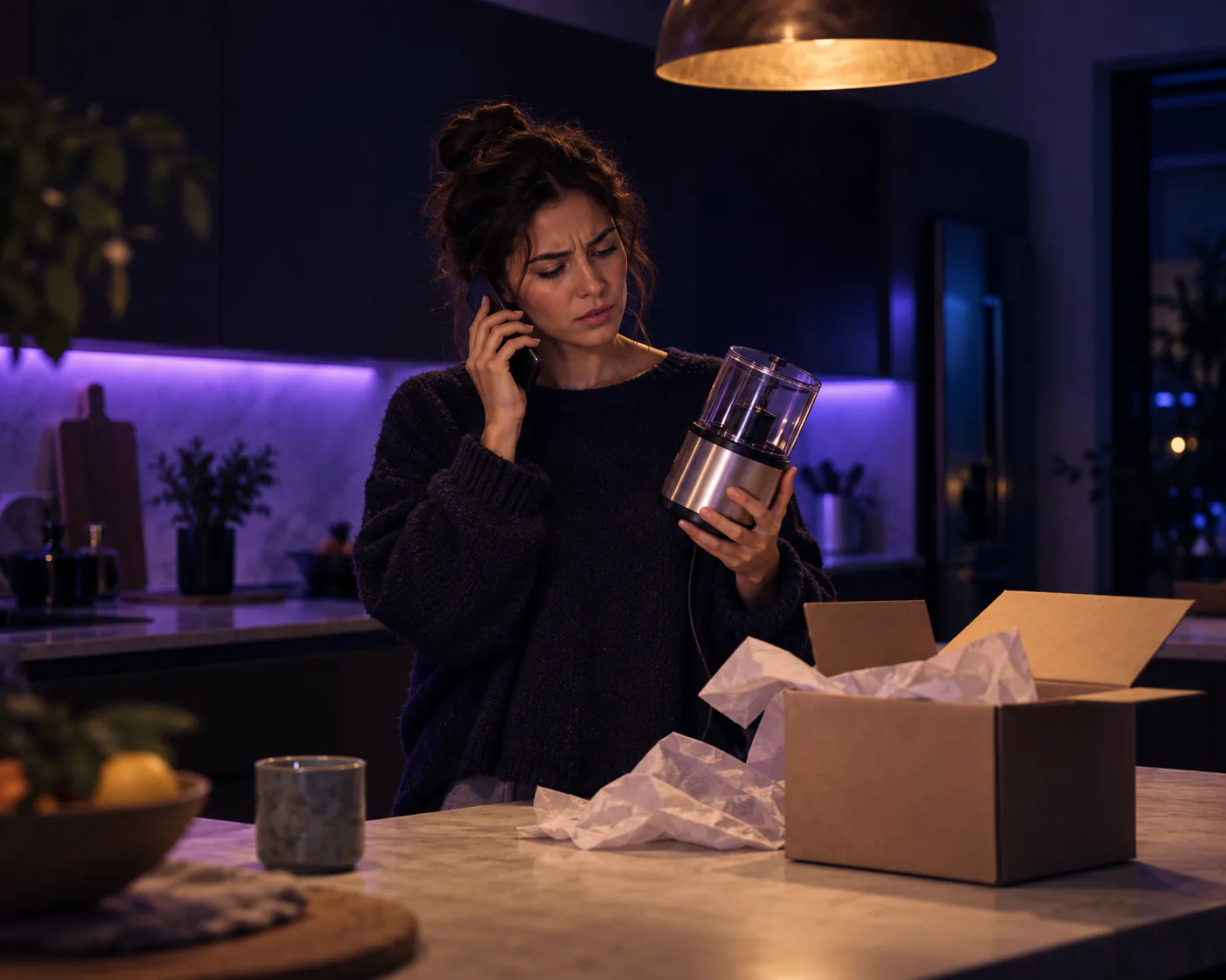 A customer on the phone holds a newly delivered kitchen appliance beside its open box