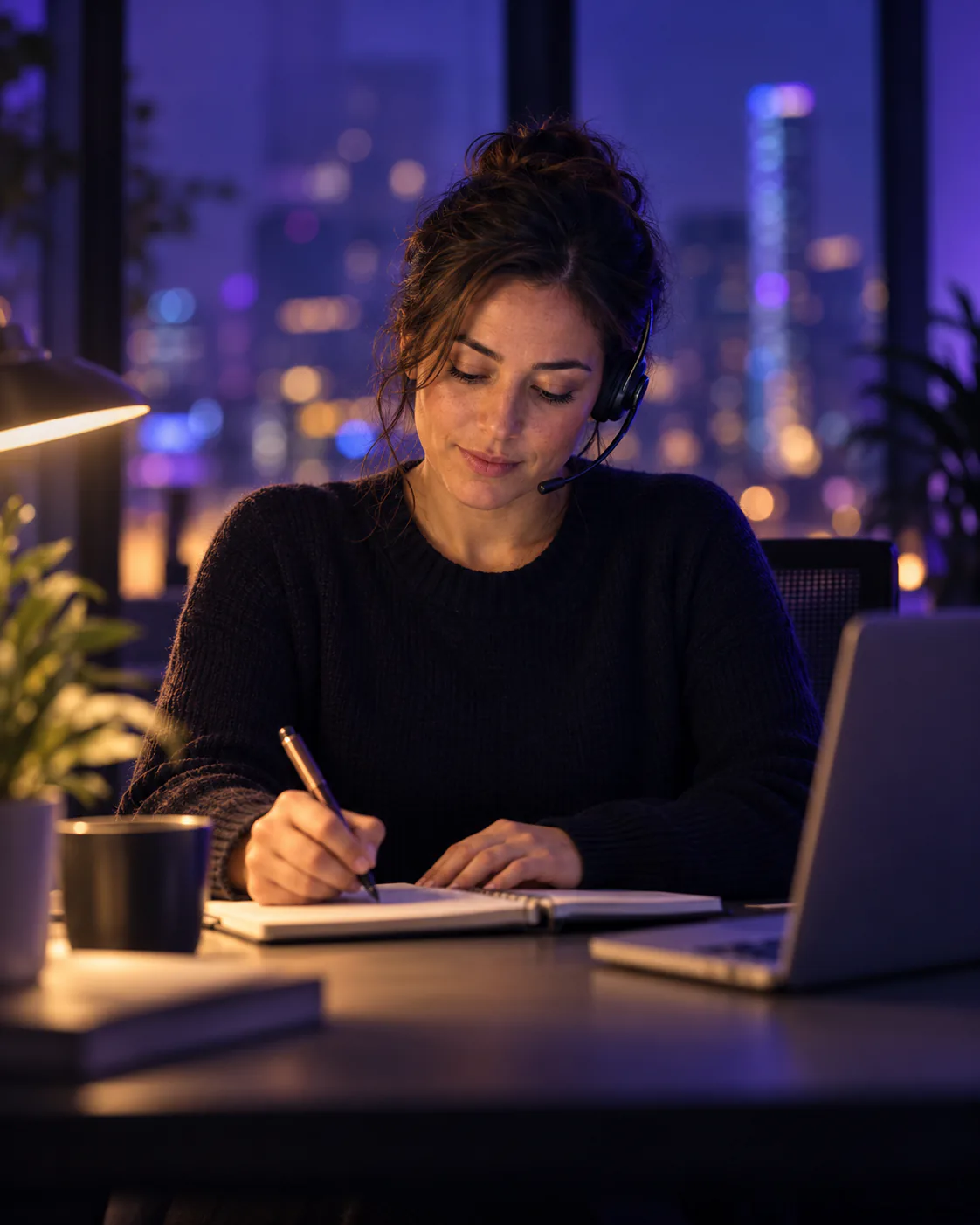 A support agent wearing a headset takes notes at a desk at dusk