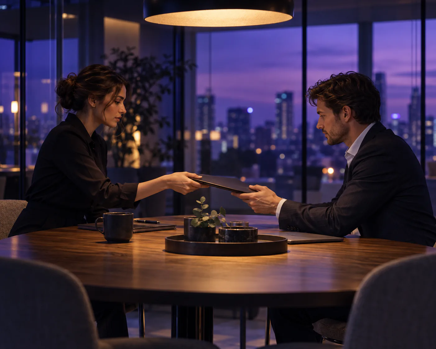 A colleague hands a meeting brief across a table to a salesperson