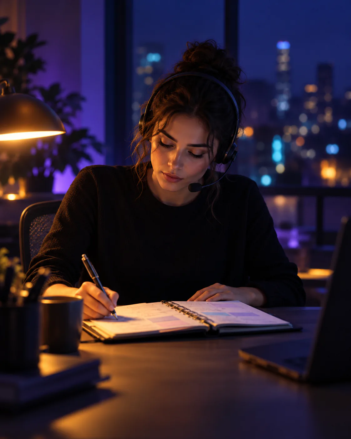 An appointment setter wearing a headset writes in a paper planner during a call