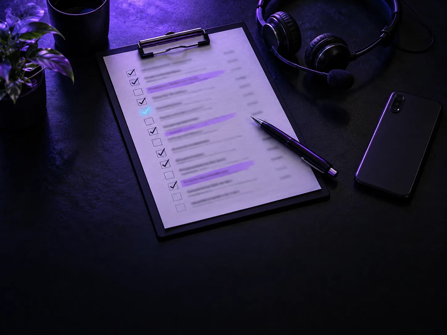 A call list on a clipboard with ticked and highlighted rows beside a headset and a phone