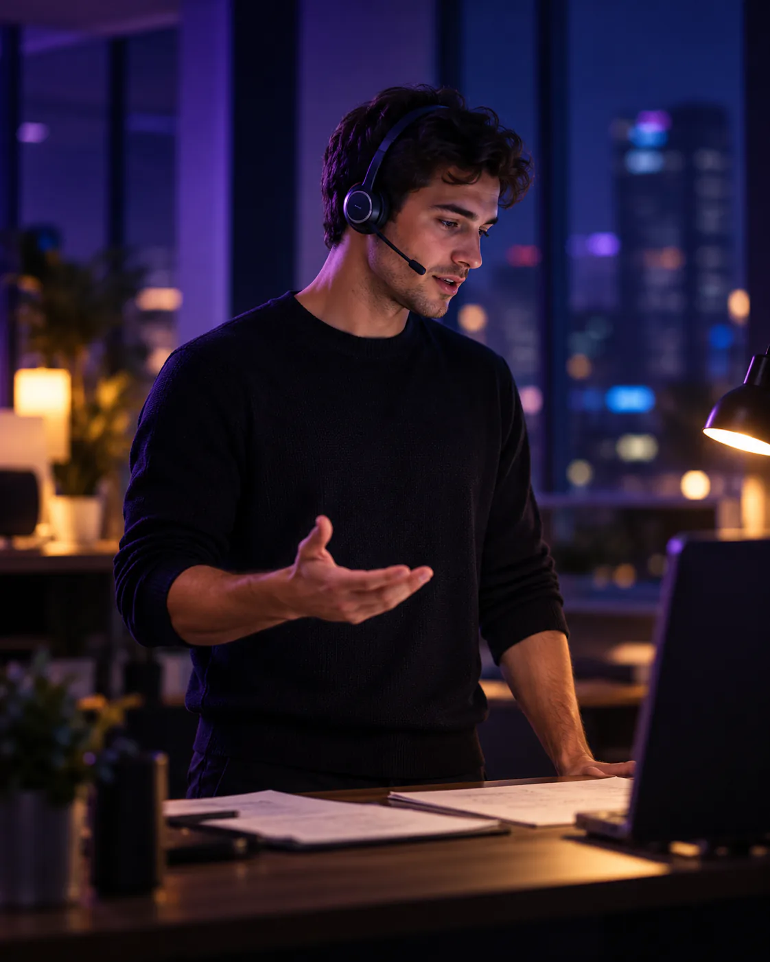 A telesales agent wearing a headset gestures while explaining an offer during a call