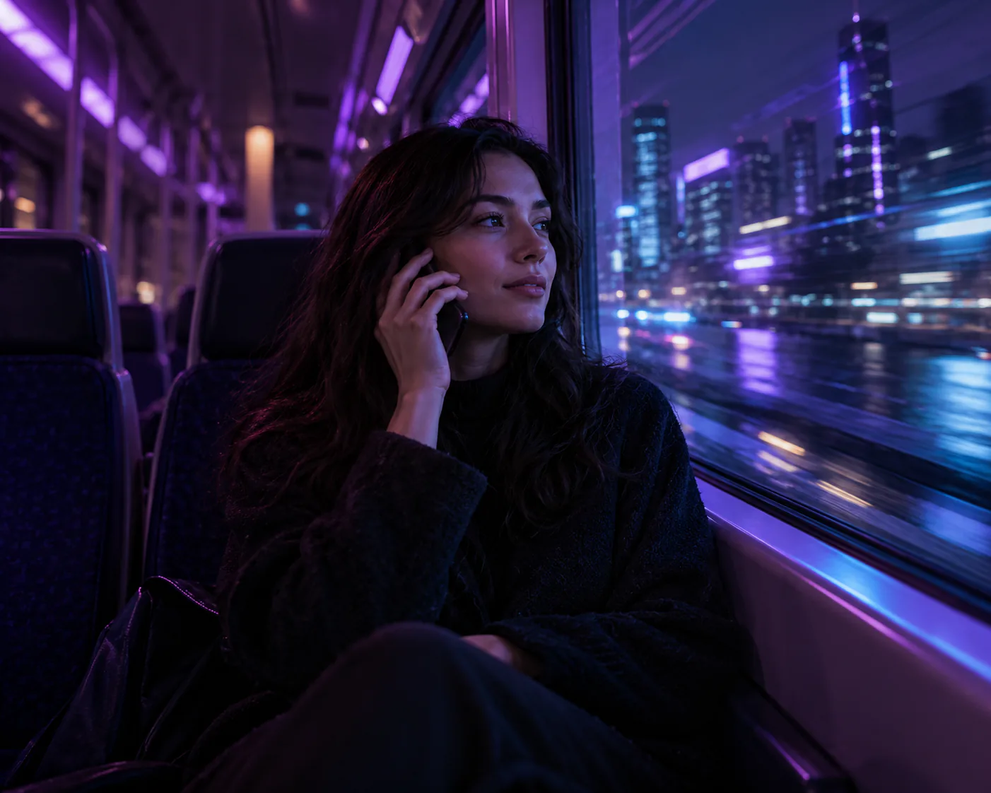 A passenger on a night train takes a phone call while looking out of the window