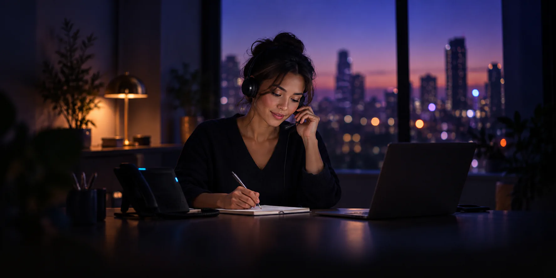 A receptionist wearing a headset writes a message during a call at a desk at dusk