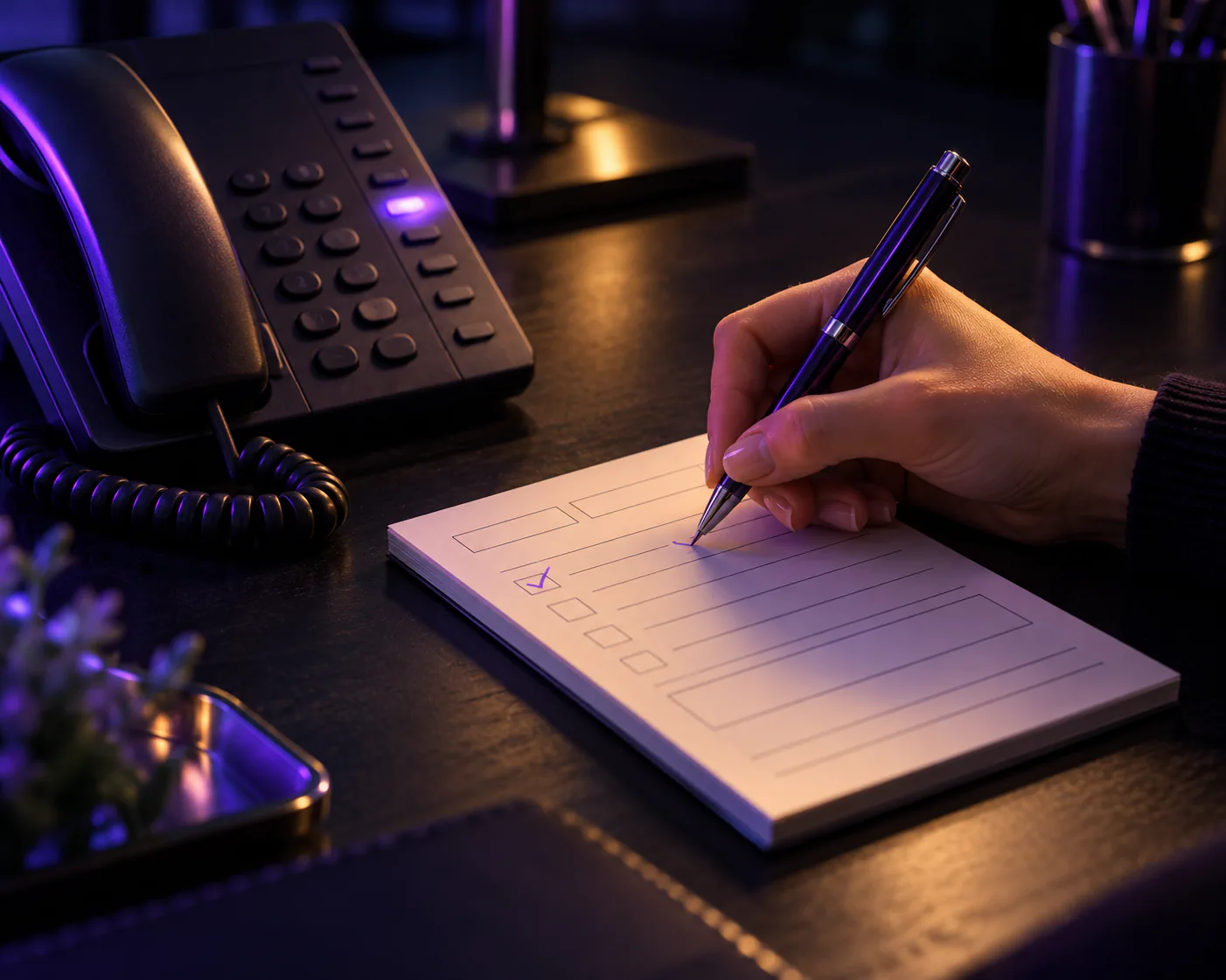 A hand fills in a message slip beside a desk phone