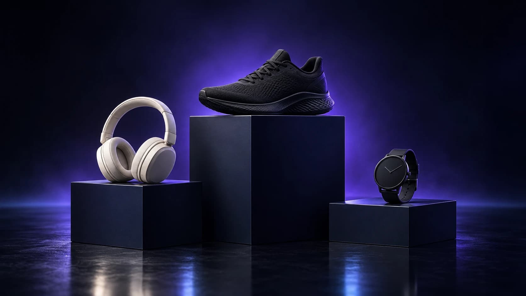 Stone-white headphones, a black running shoe, and a black wristwatch displayed on three navy plinths of different heights