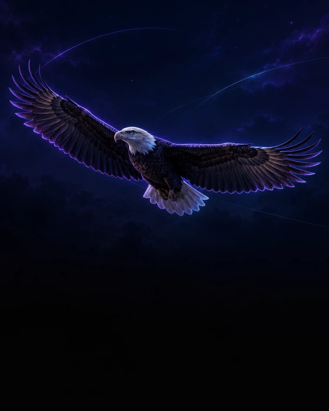 Bald eagle gliding through a dark violet night sky, wings fully spread, crossed by faint flight-route lines