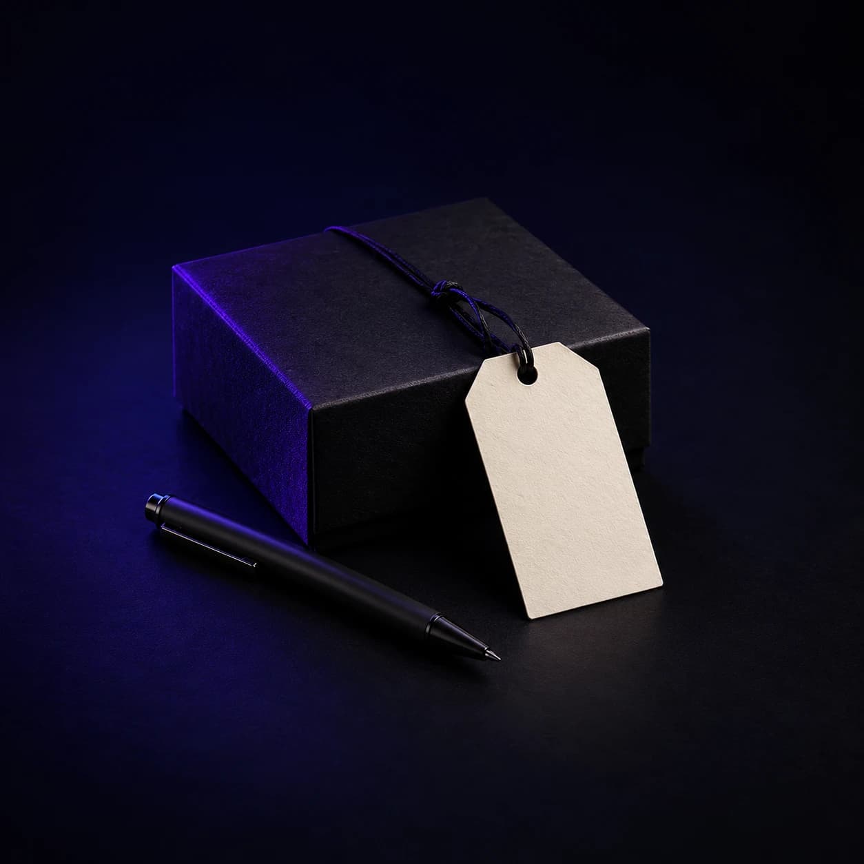 Matte black product box with a blank cream hang tag and a black pen, outlined by violet light